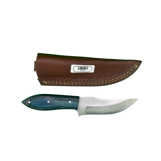 Timber Ridge Clip Point Knife – Blue-Tinted Wood Handle with Leather Sheath