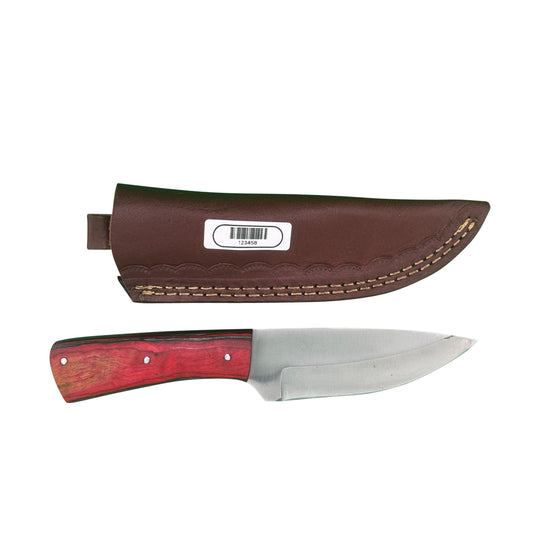 Crimson Forge Field Knife – Satin Blade with Red Wood Handle and Leather Sheath