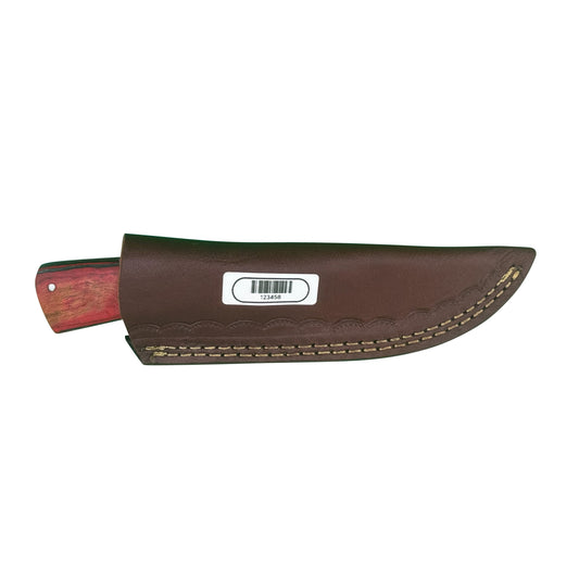 Crimson Forge Field Knife – Satin Blade with Red Wood Handle and Leather Sheath