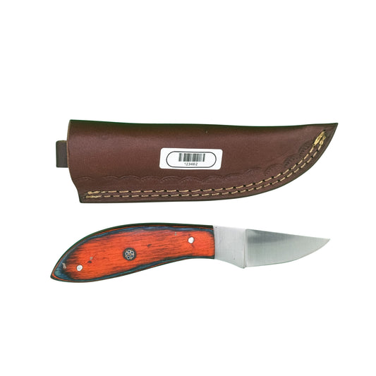 Embertrail Skinner Knife – Red & Blue Wood Handle with Leather Sheath