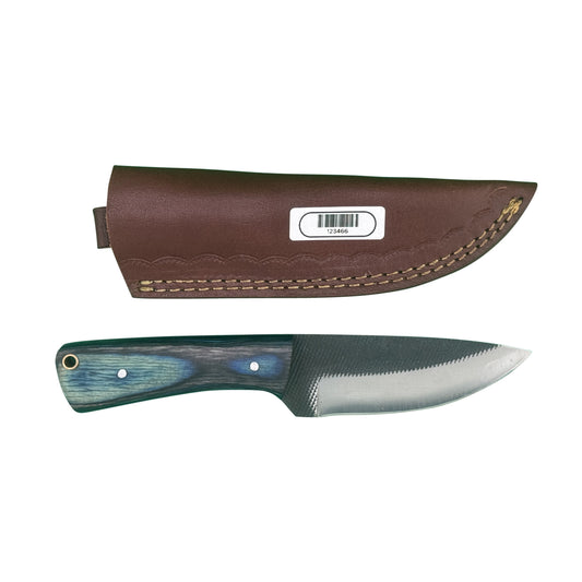 Blue Timber Rasp Knife – Textured Blade with Wood Handle and Leather Sheath