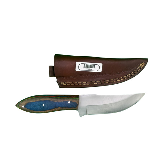 Blue Ridge Tracker – Curved Blade Knife with Multicolor Wood Handle and Leather Sheath