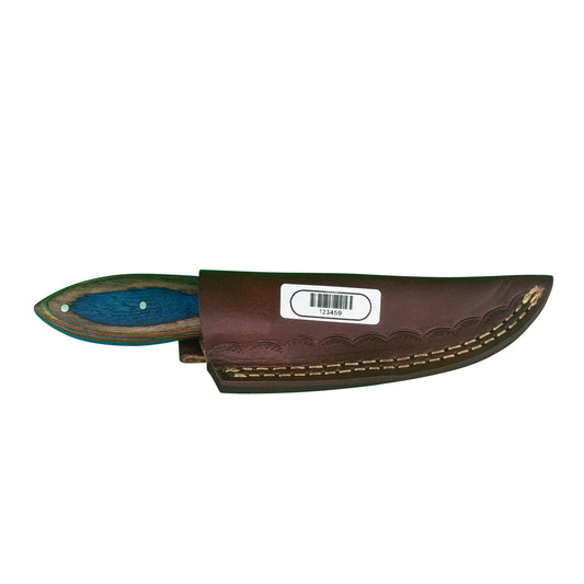 Blue Ridge Tracker – Curved Blade Knife with Multicolor Wood Handle and Leather Sheath