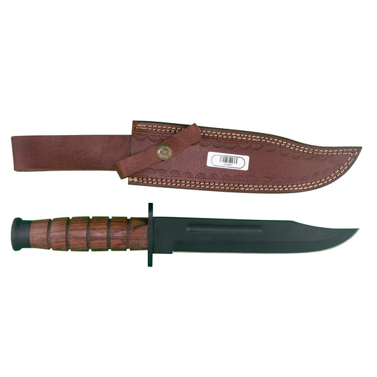 Heritage Combat K-Bar Knife – Classic Wood Handle with Black Blade and Leather Sheath