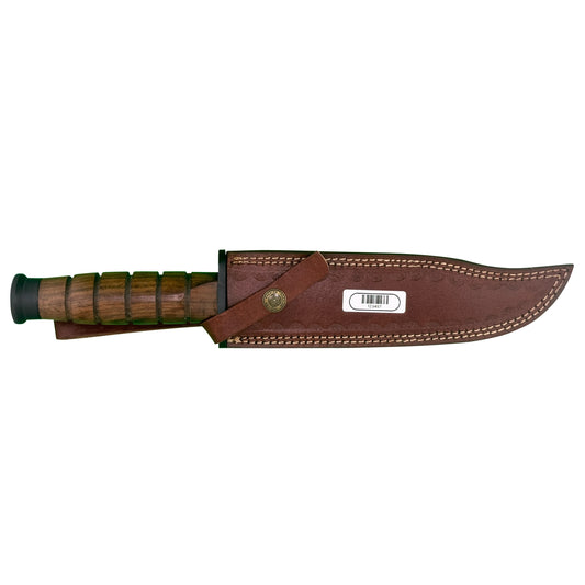 Heritage Combat K-Bar Knife – Classic Wood Handle with Black Blade and Leather Sheath