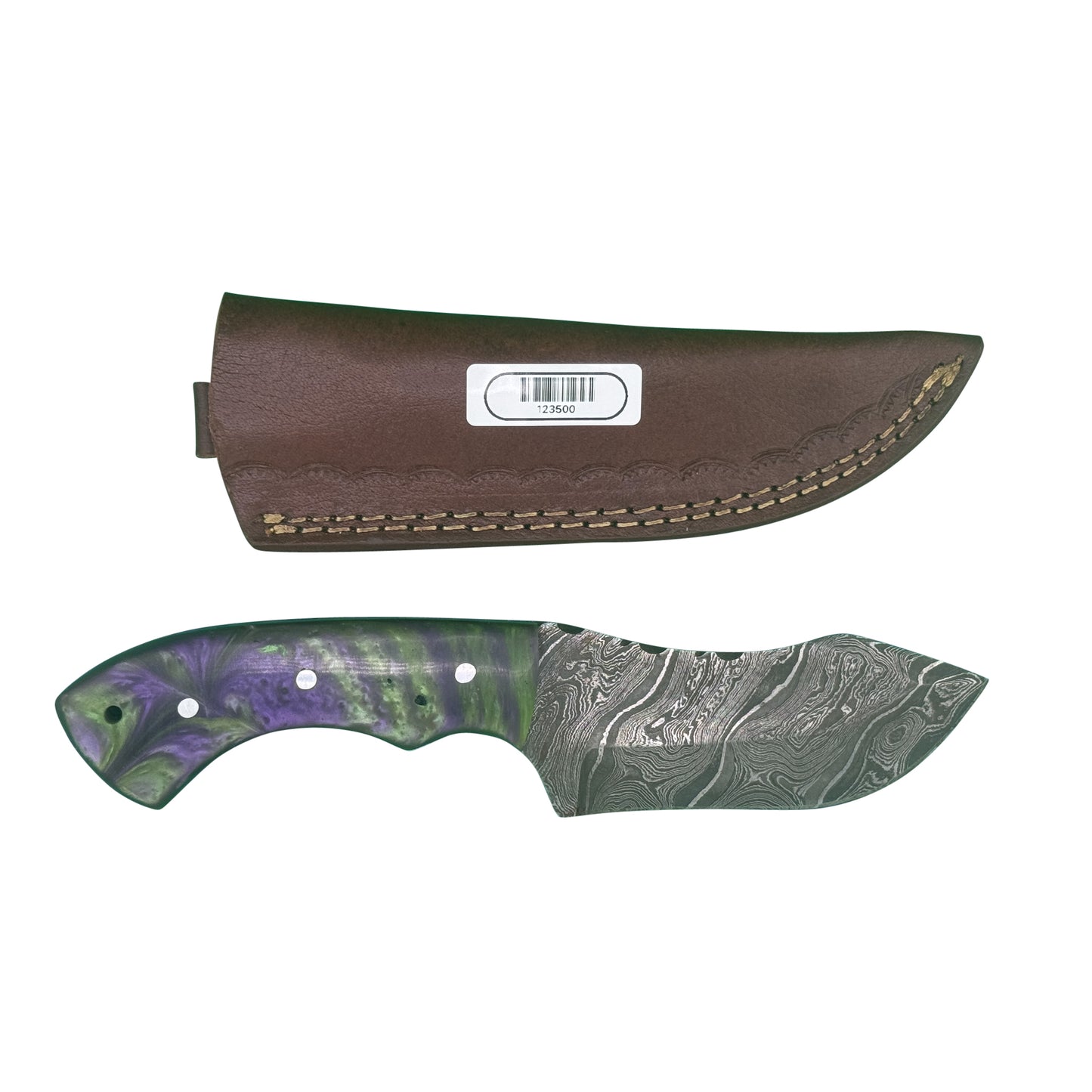 The Vortex Fang – Damascus Steel Knife with Swirled Resin Handle & Leather Sheath
