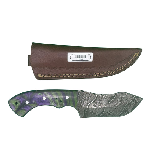 The Vortex Fang – Damascus Steel Knife with Swirled Resin Handle & Leather Sheath