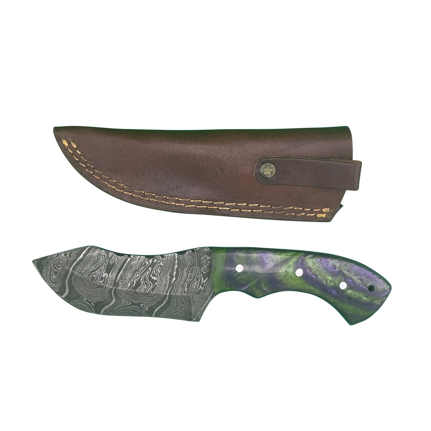 The Vortex Fang – Damascus Steel Knife with Swirled Resin Handle & Leather Sheath