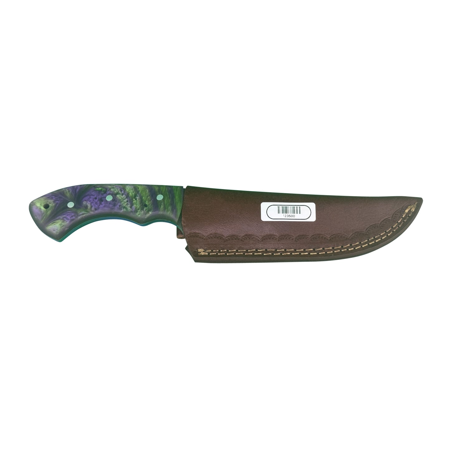The Vortex Fang – Damascus Steel Knife with Swirled Resin Handle & Leather Sheath
