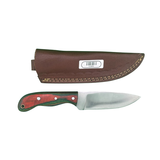 Ember Trail – Fixed Blade Knife with Dyed Wood Handle & Leather Sheath