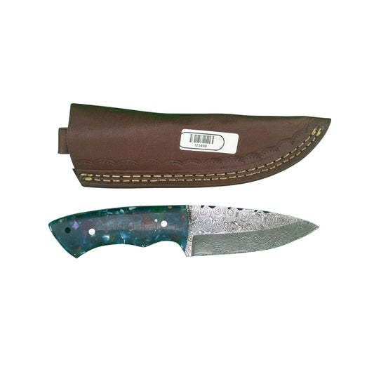 The Nebula Fang – Damascus Steel Knife with Resin Handle & Leather Sheath