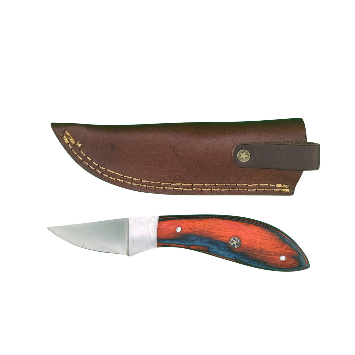 Embertrail Skinner Knife – Red & Blue Wood Handle with Leather Sheath
