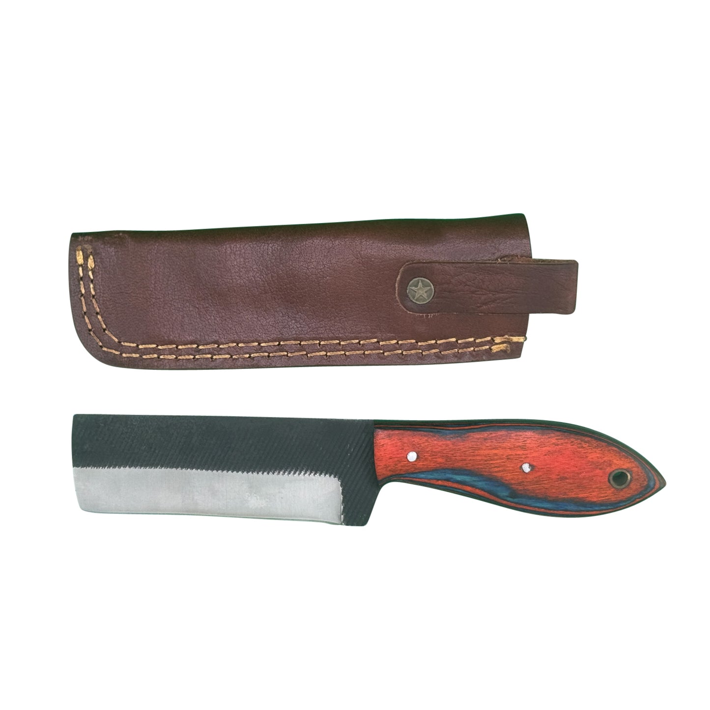 Red Ember Rasp Cleaver – Wood Handle with Textured Blade and Leather Sheath
