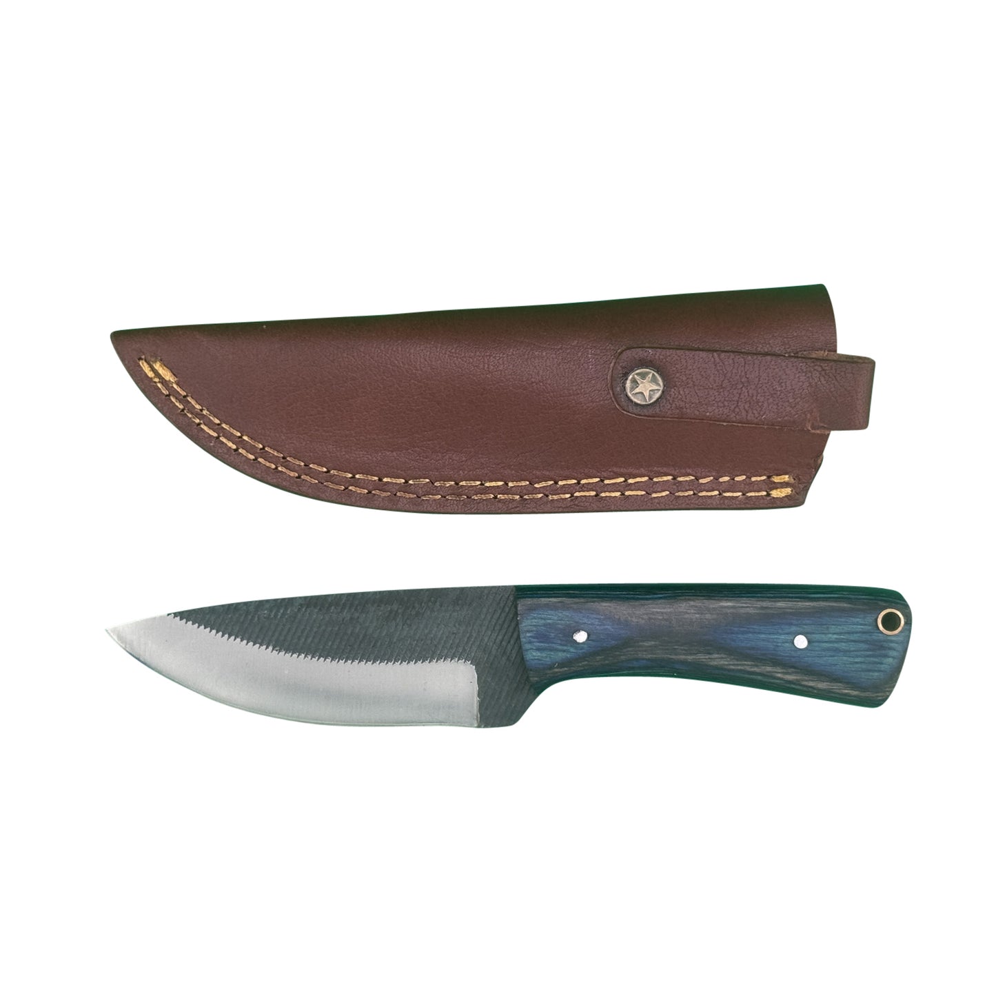 Blue Timber Rasp Knife – Textured Blade with Wood Handle and Leather Sheath