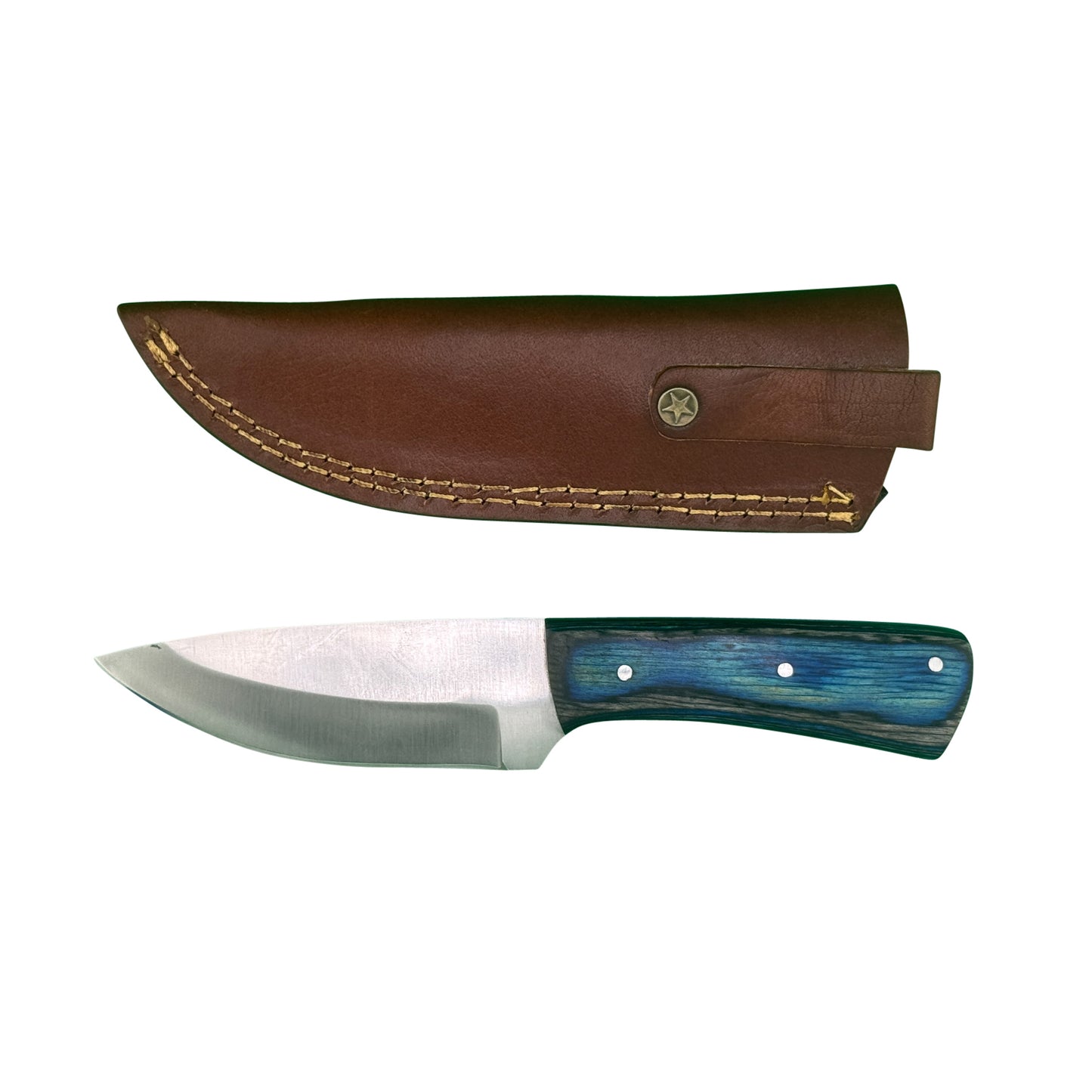 Ironwood Ridge Fixed Blade Knife – Blue-Streaked Wood Handle with Leather Sheath