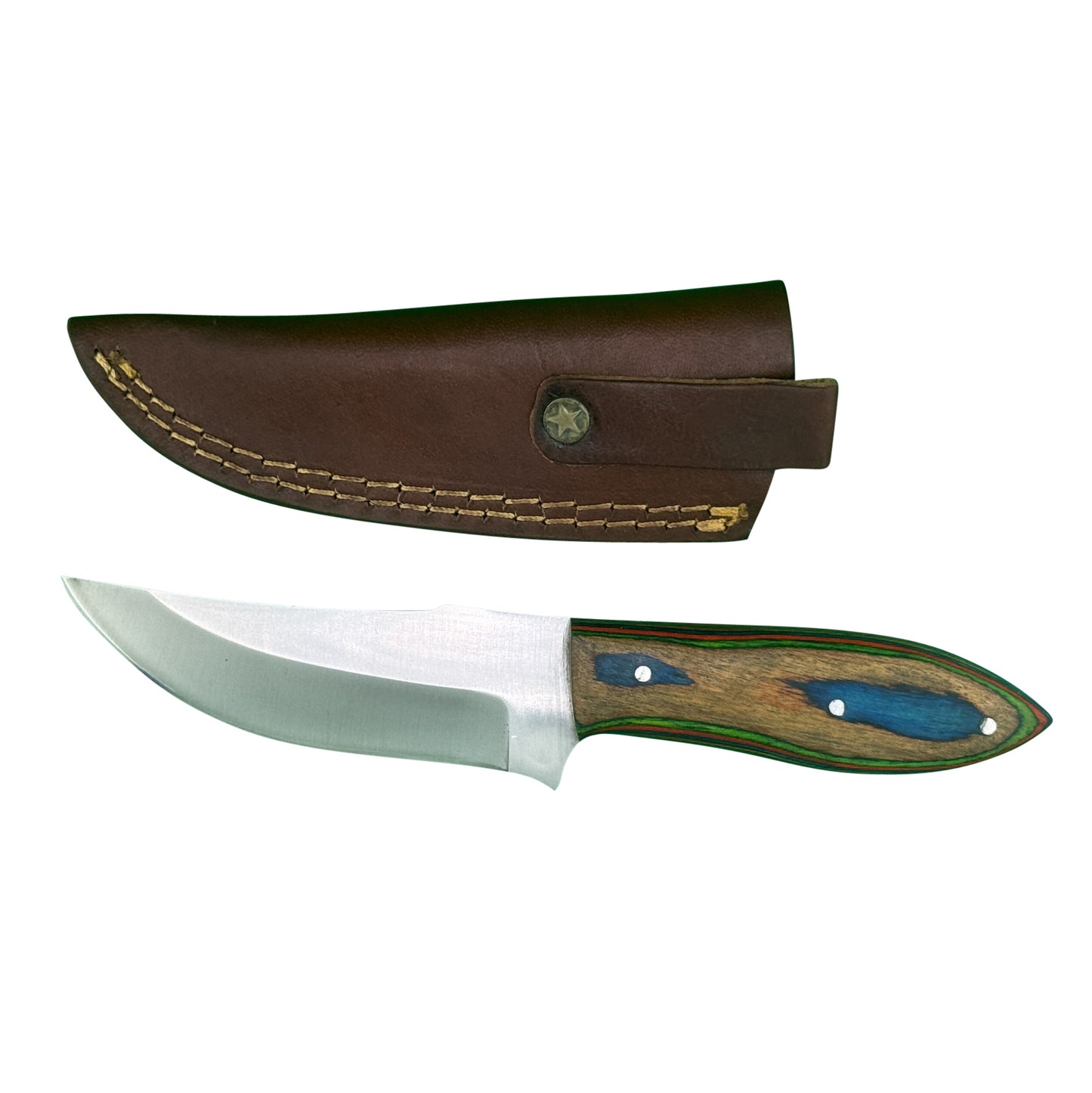 Blue Ridge Tracker – Curved Blade Knife with Multicolor Wood Handle and Leather Sheath