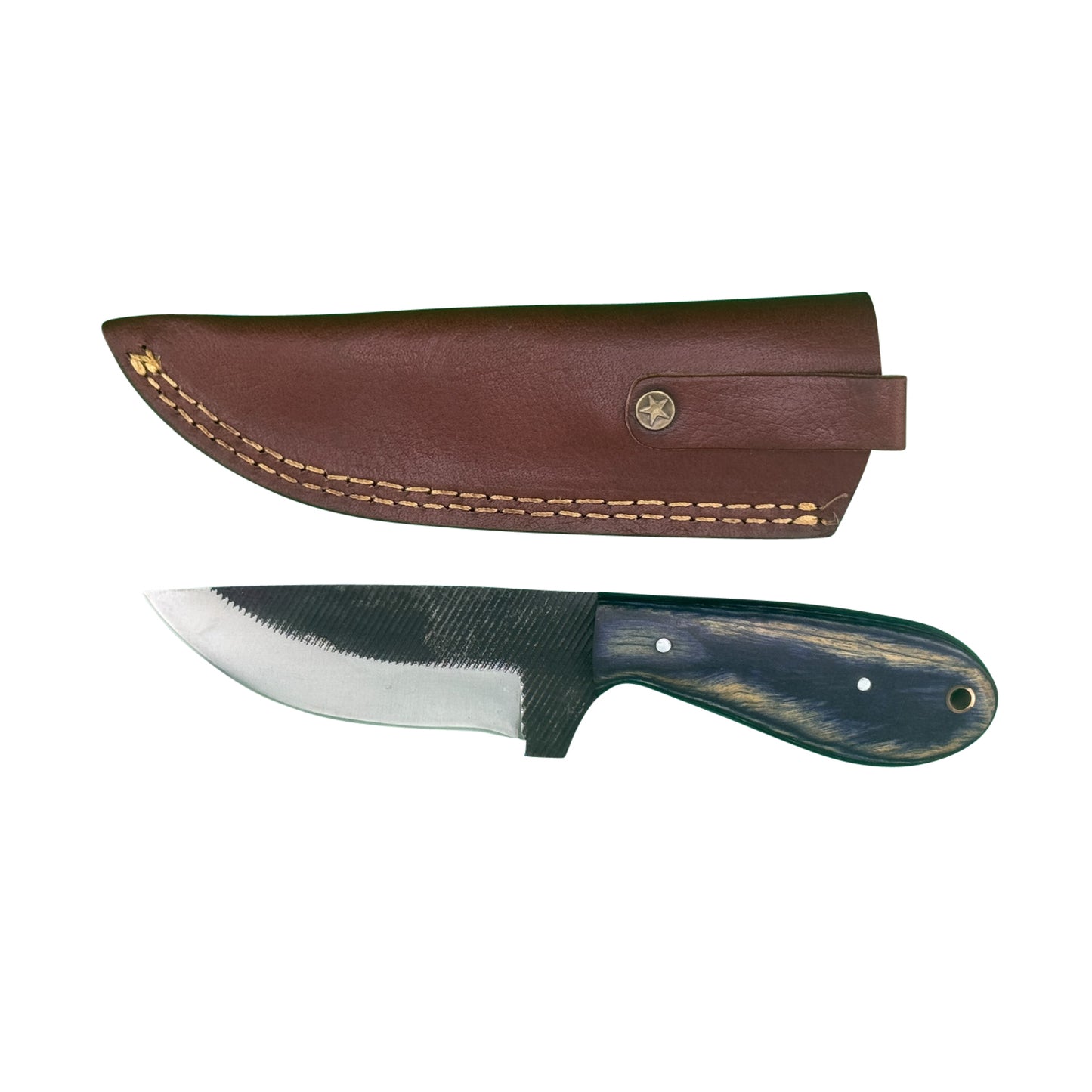 Shadow Rasp Hunter – Curved Blade Knife with Dark Wood Handle and Leather Sheath