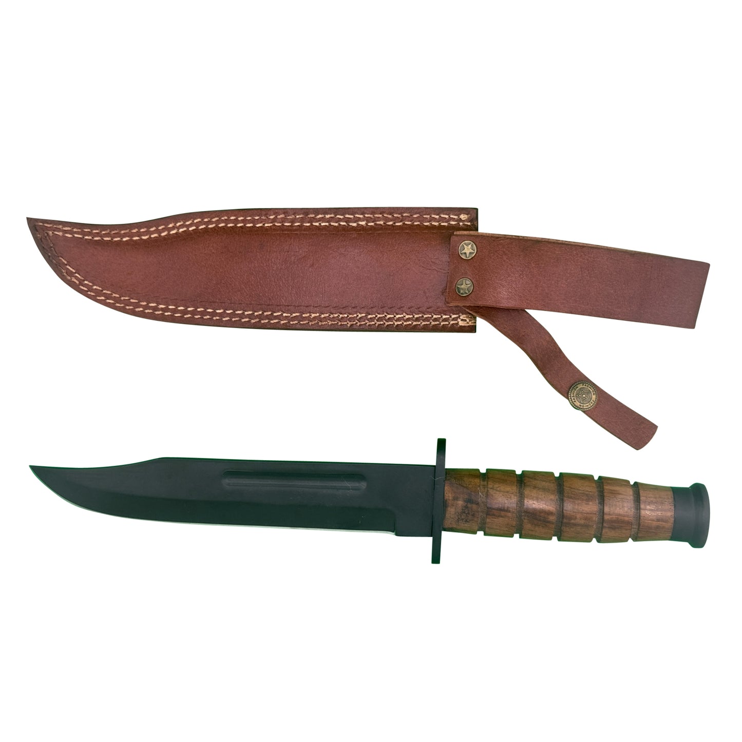 Heritage Combat K-Bar Knife – Classic Wood Handle with Black Blade and Leather Sheath