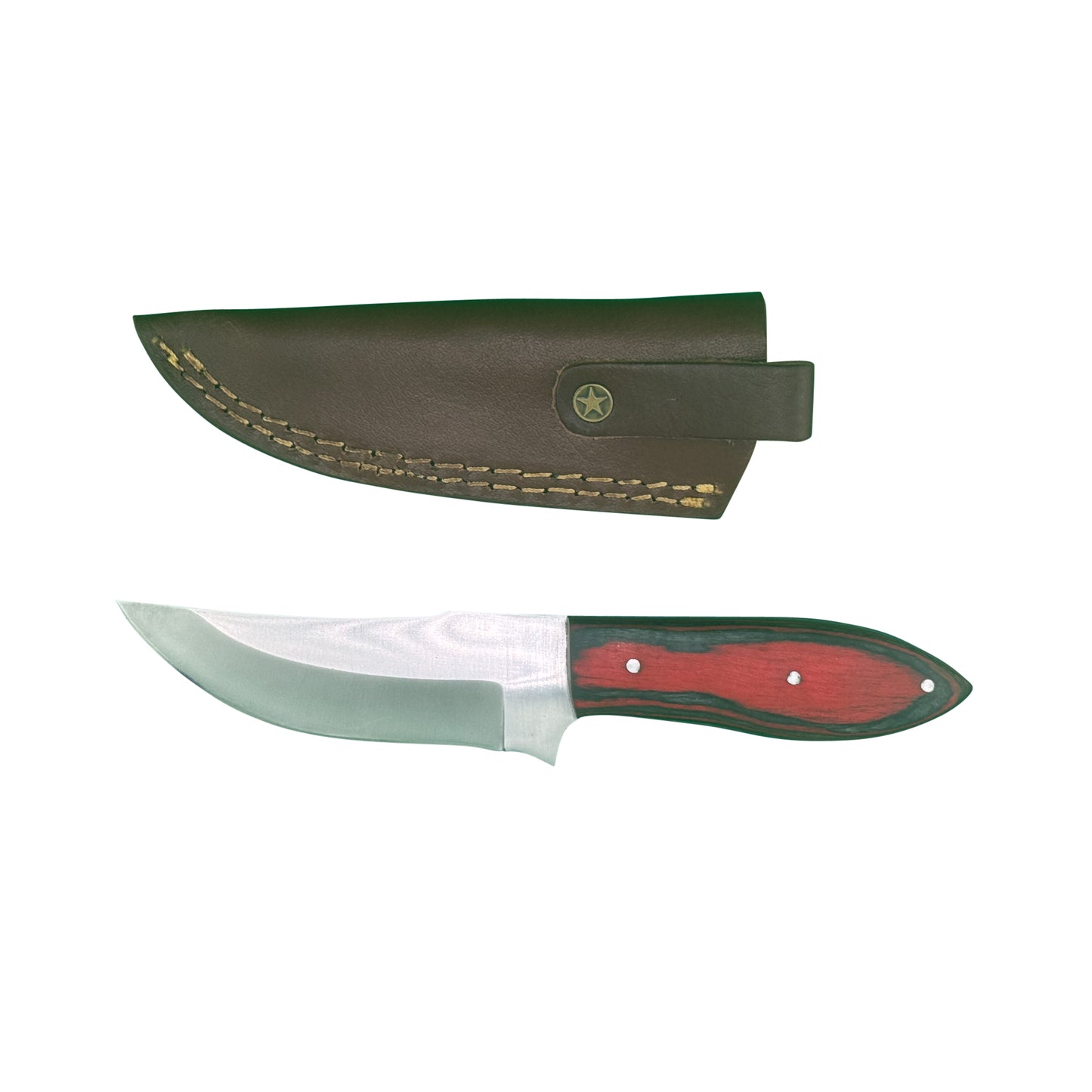 The Ember Ridge – Curved Blade Knife with Red Dyed Wood Handle & Leather Sheath