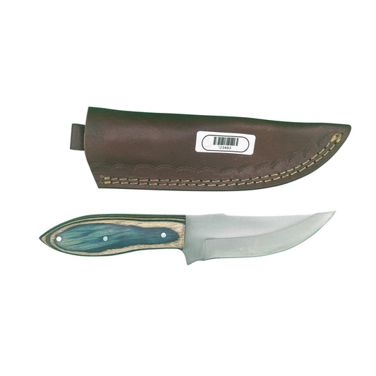 The Glacier Ridge – Curved Blade Knife with Dyed Blue Wood Handle & Leather Sheath