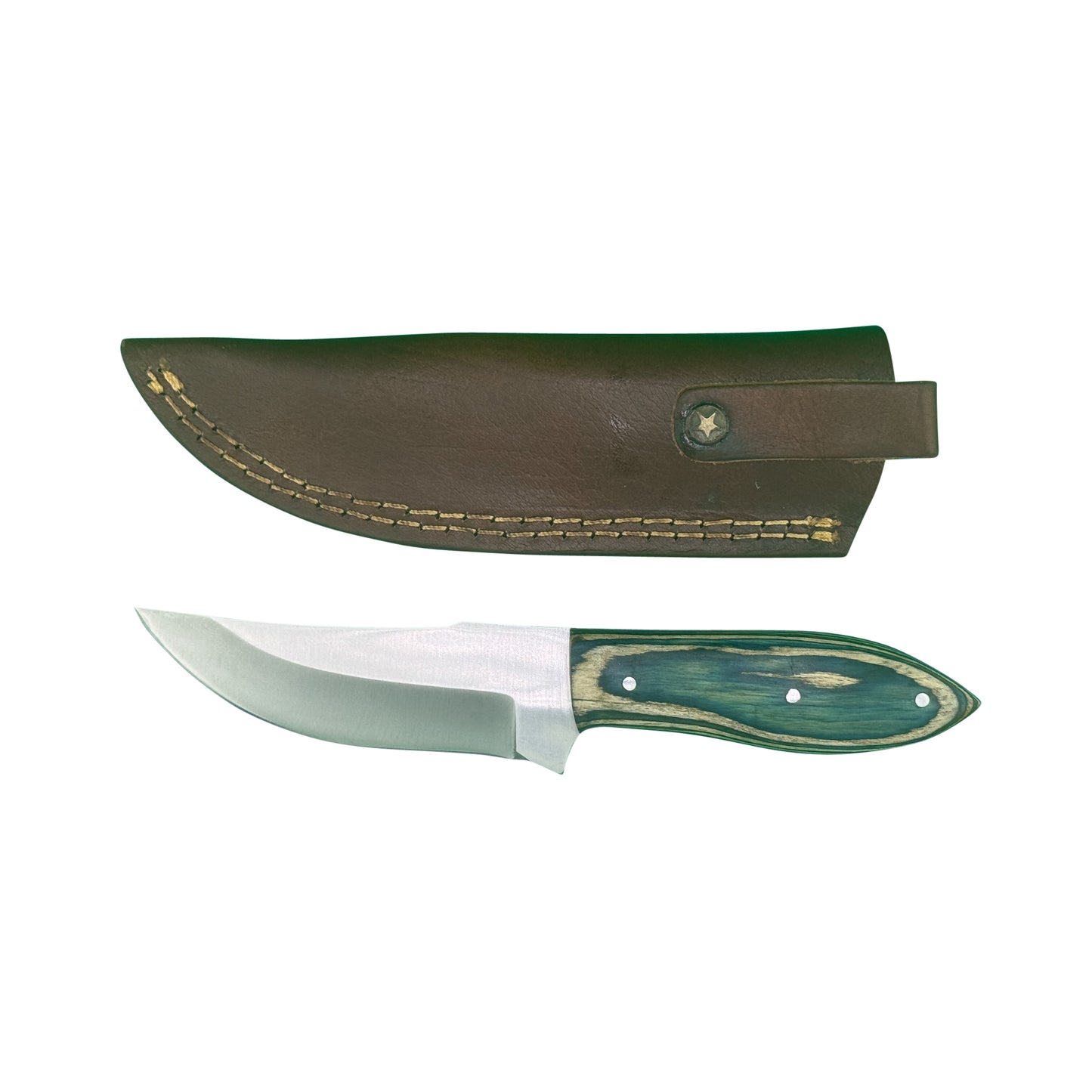 The Glacier Ridge – Curved Blade Knife with Dyed Blue Wood Handle & Leather Sheath