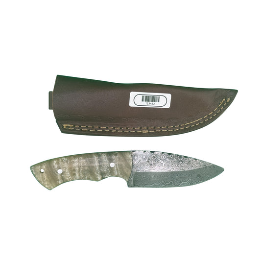 The Sandstorm Skinner – Damascus Steel Knife with Swirled Resin Handle & Leather Sheath