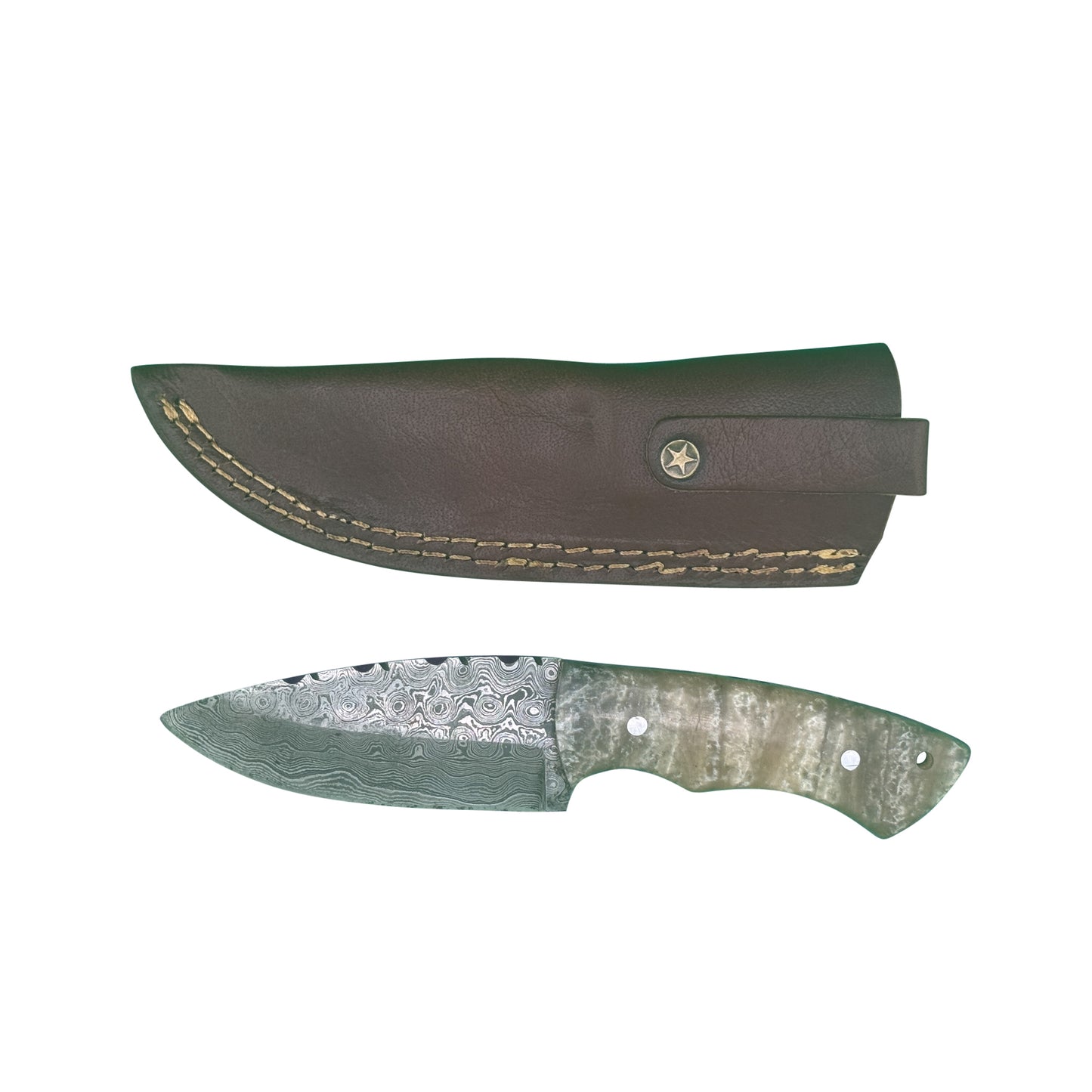 The Sandstorm Skinner – Damascus Steel Knife with Swirled Resin Handle & Leather Sheath