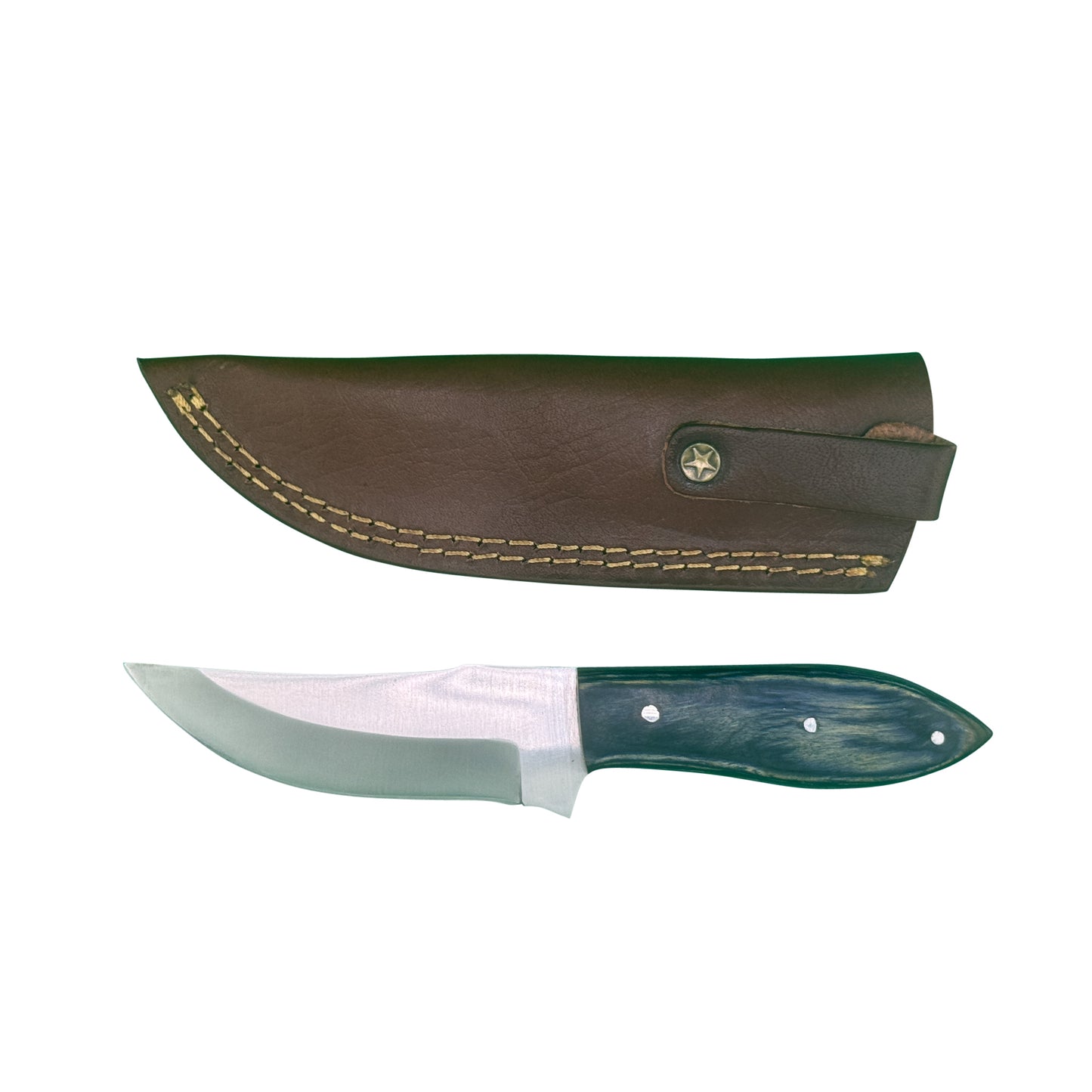 The Nightwood Hunter – Fixed Blade Knife with Dyed Wood Handle & Leather Sheath