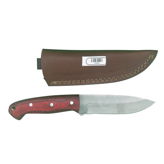 The Bloodwood Scout – Fixed Blade Knife with Red Dyed Wood Handle & Leather Sheath