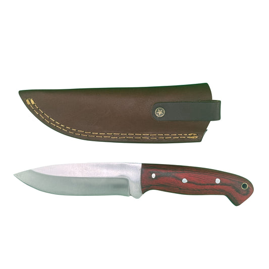 The Bloodwood Scout – Fixed Blade Knife with Red Dyed Wood Handle & Leather Sheath