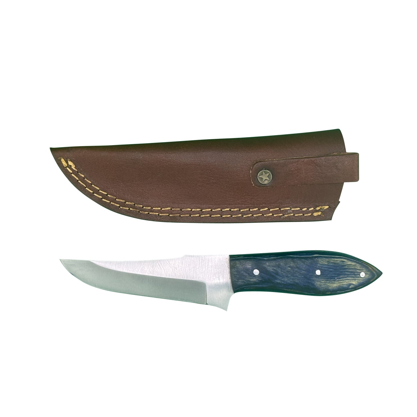 The Midnight Ridge – Fixed Blade Knife with Swirled Blue Resin Handle & Leather Sheath