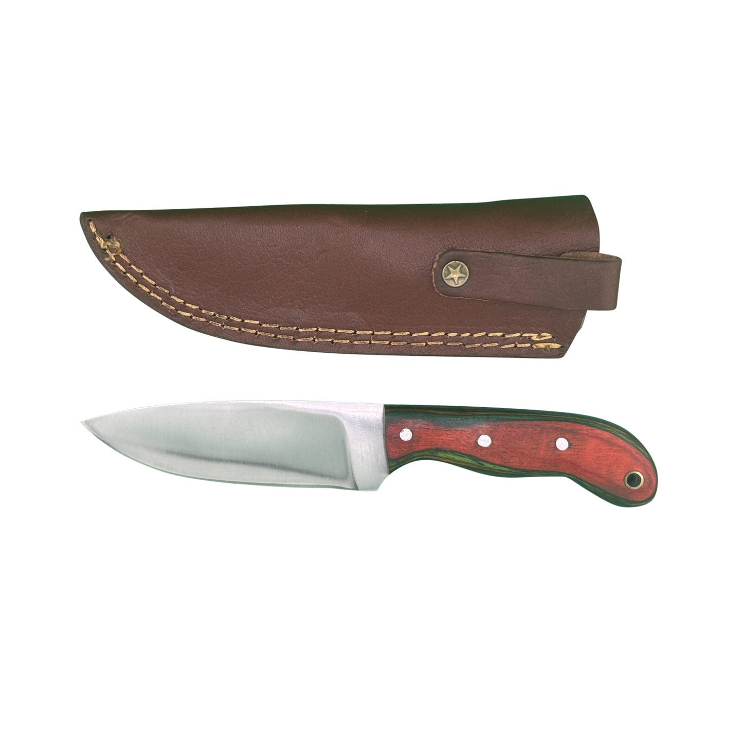Ember Trail – Fixed Blade Knife with Dyed Wood Handle & Leather Sheath
