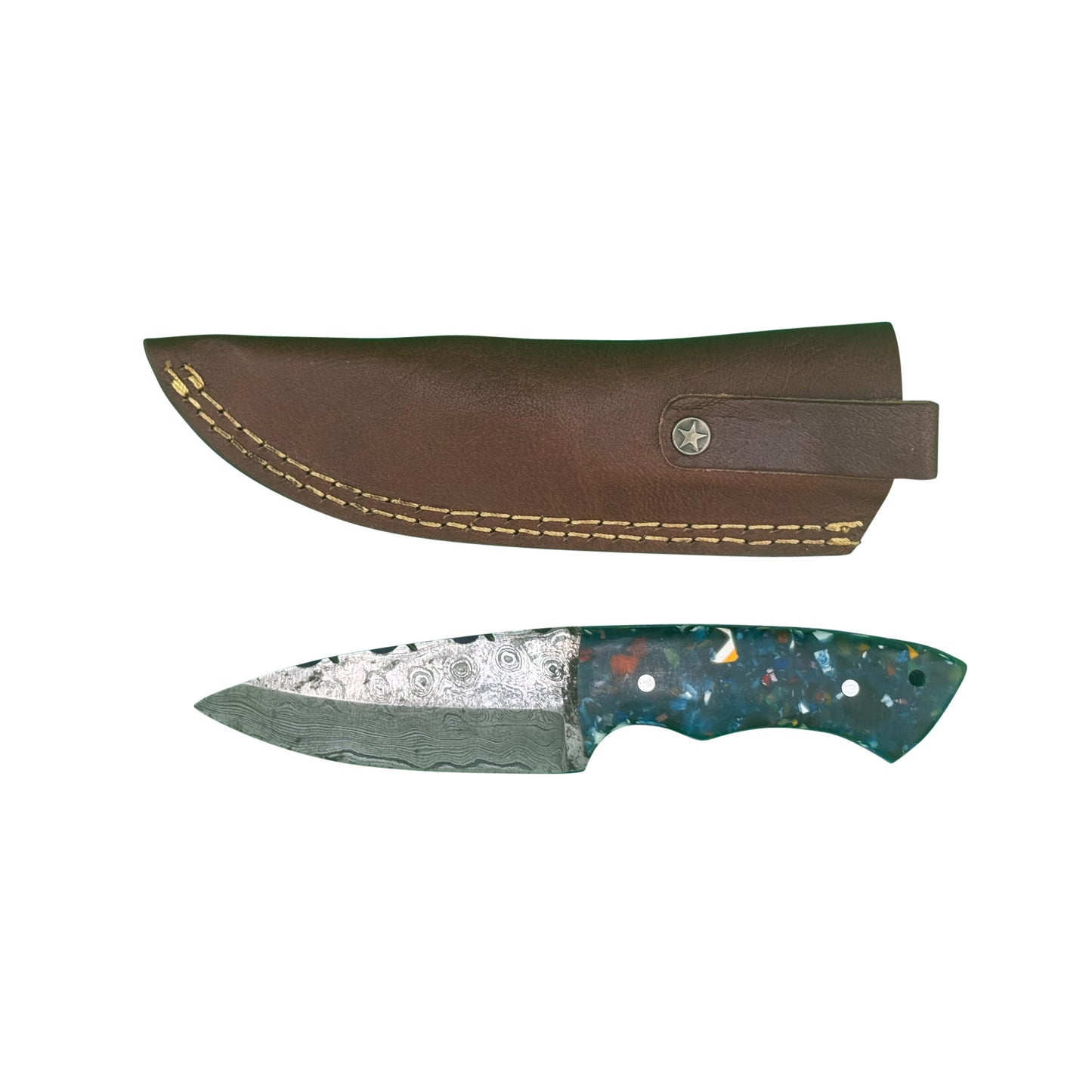 The Nebula Fang – Damascus Steel Knife with Resin Handle & Leather Sheath